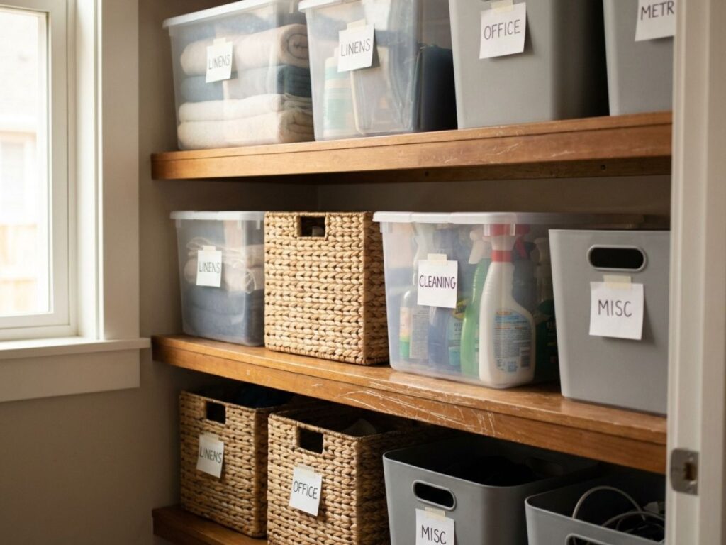 Labeled storage bins and baskets on wooden shelves