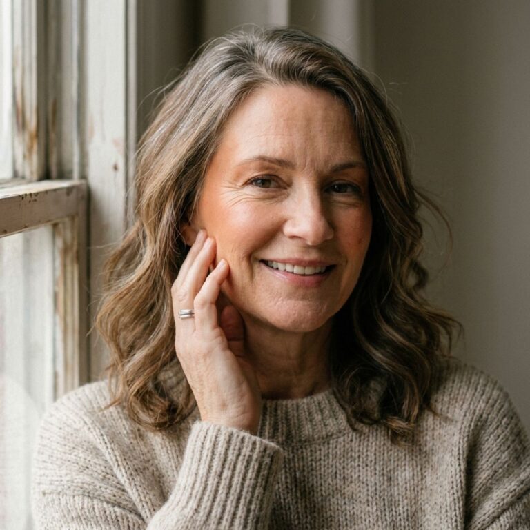 Mature woman with subtle makeup and healthy glowing skin indoors