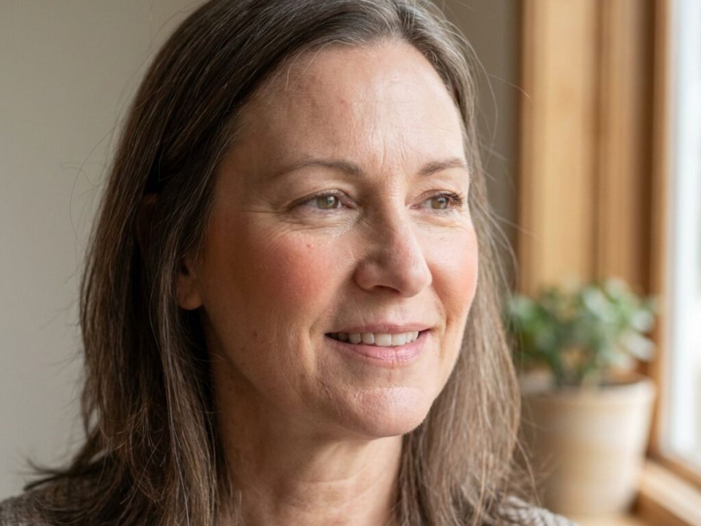Middle-aged woman with soft natural makeup looking out window