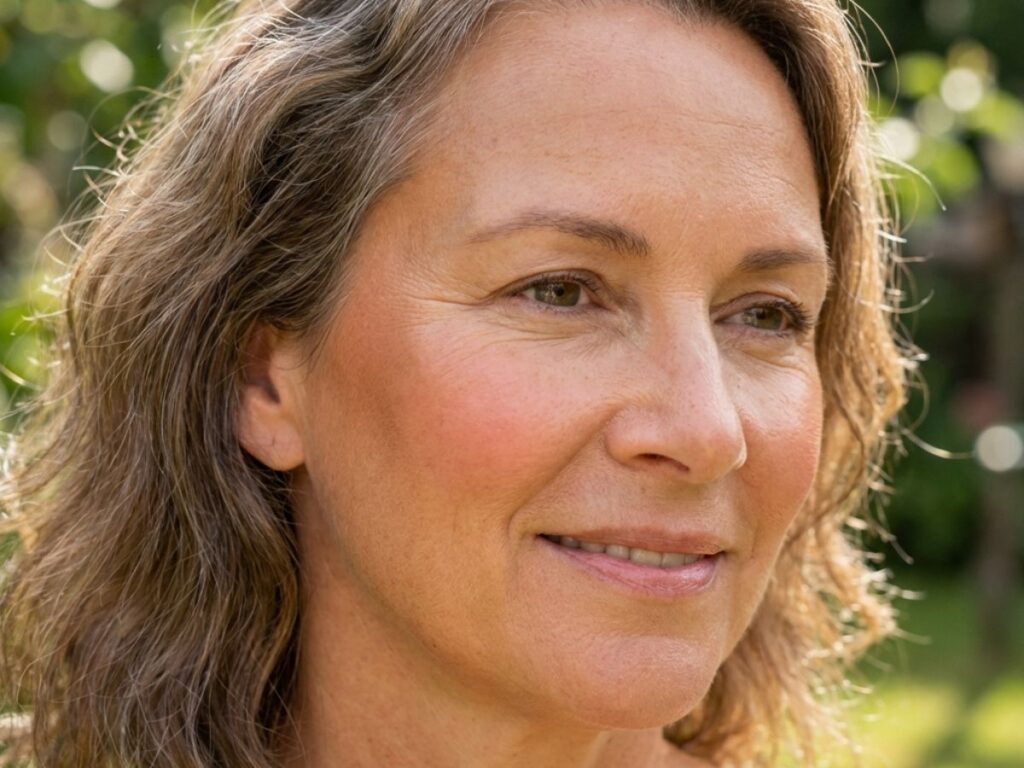 Radiant woman over 50 outdoors with fresh summer glow makeup