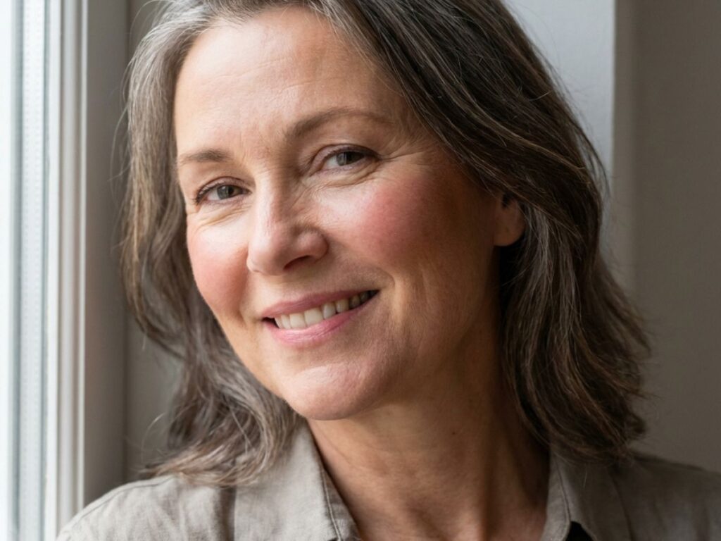 Natural beauty portrait of middle-aged woman with glowing skin indoors