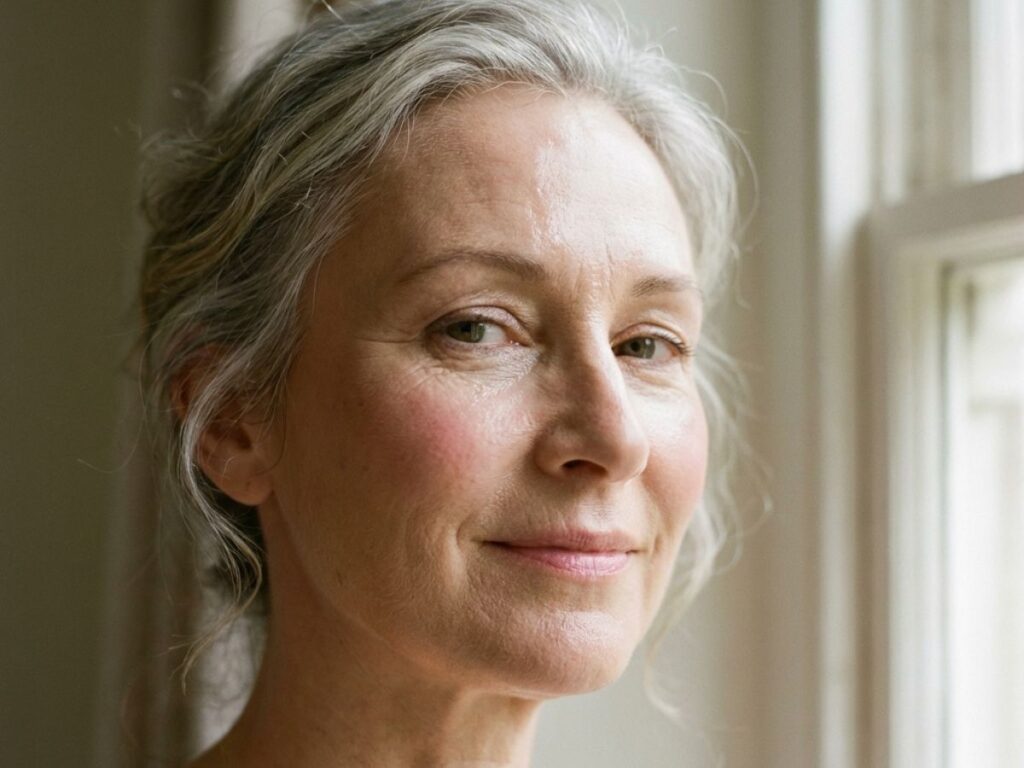 Mature woman with dewy skin and minimal makeup near window