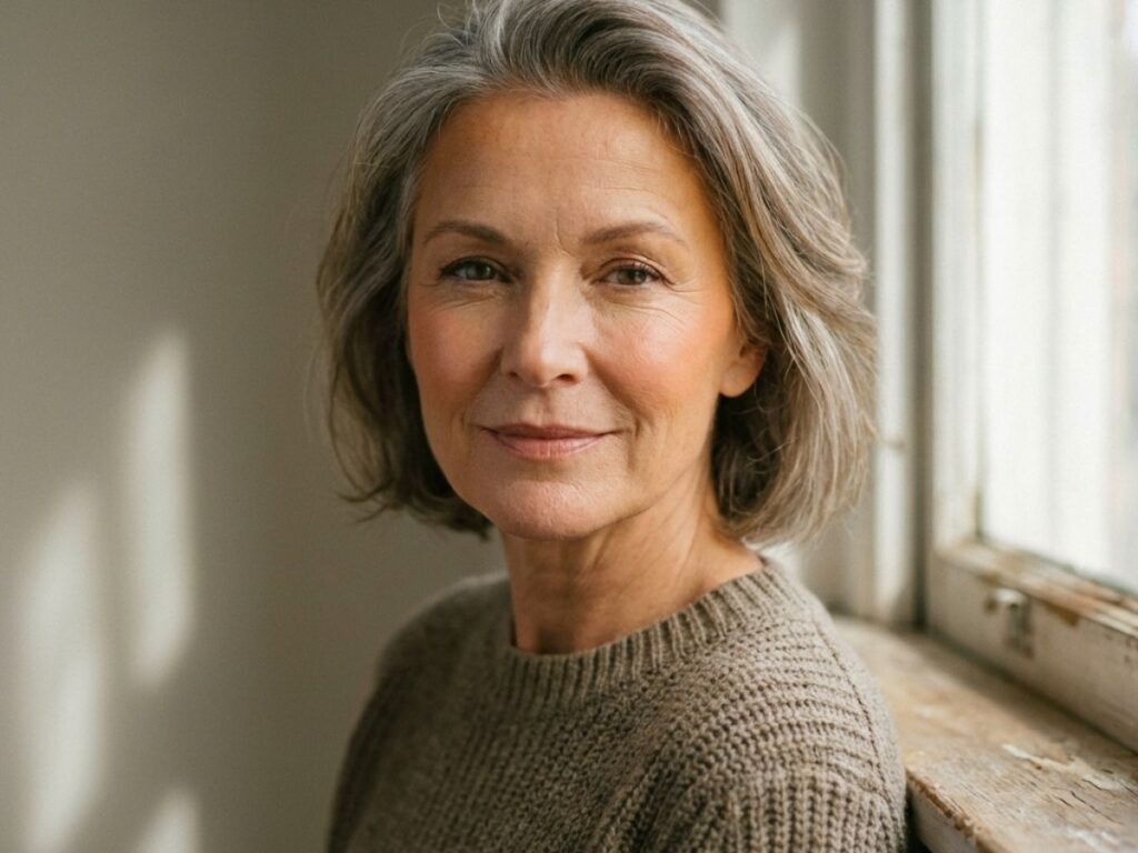 Elegant woman over 50 with warm-toned makeup sitting by window light
