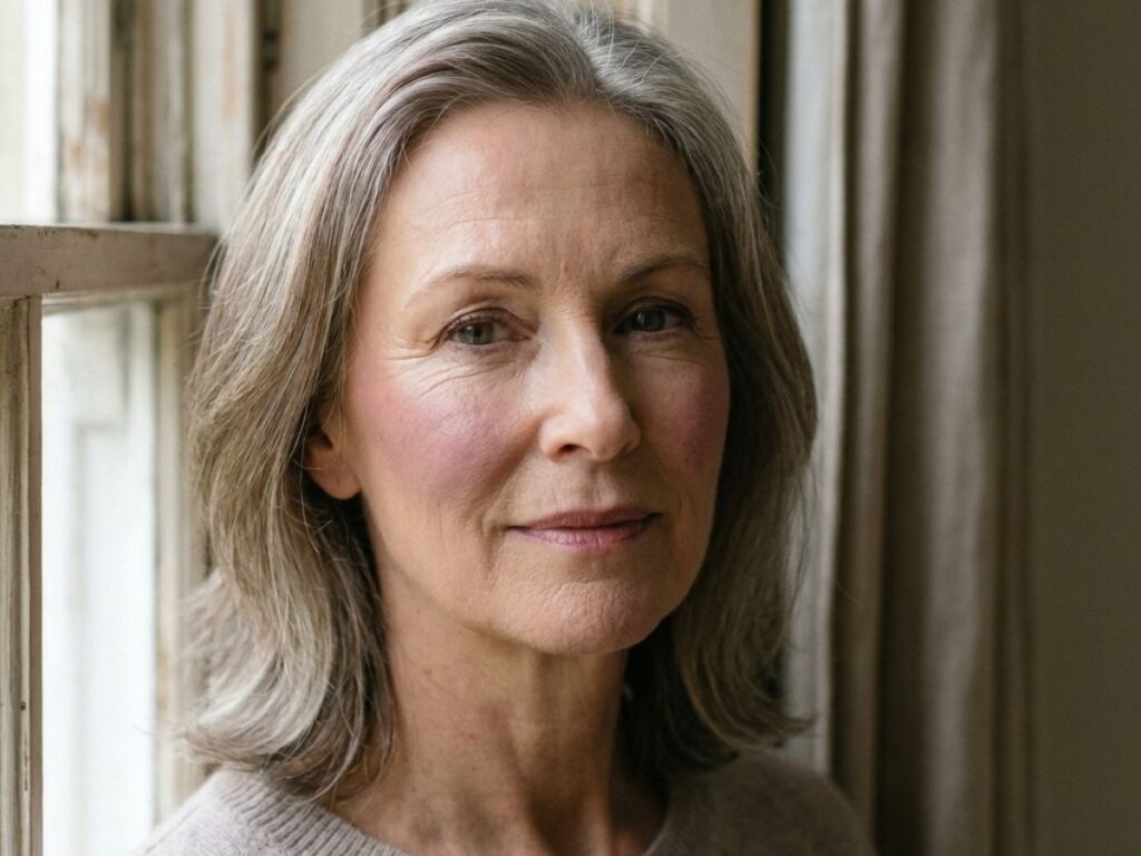 Mature woman with light contour bronzer and mauve blush refined makeup look indoors.