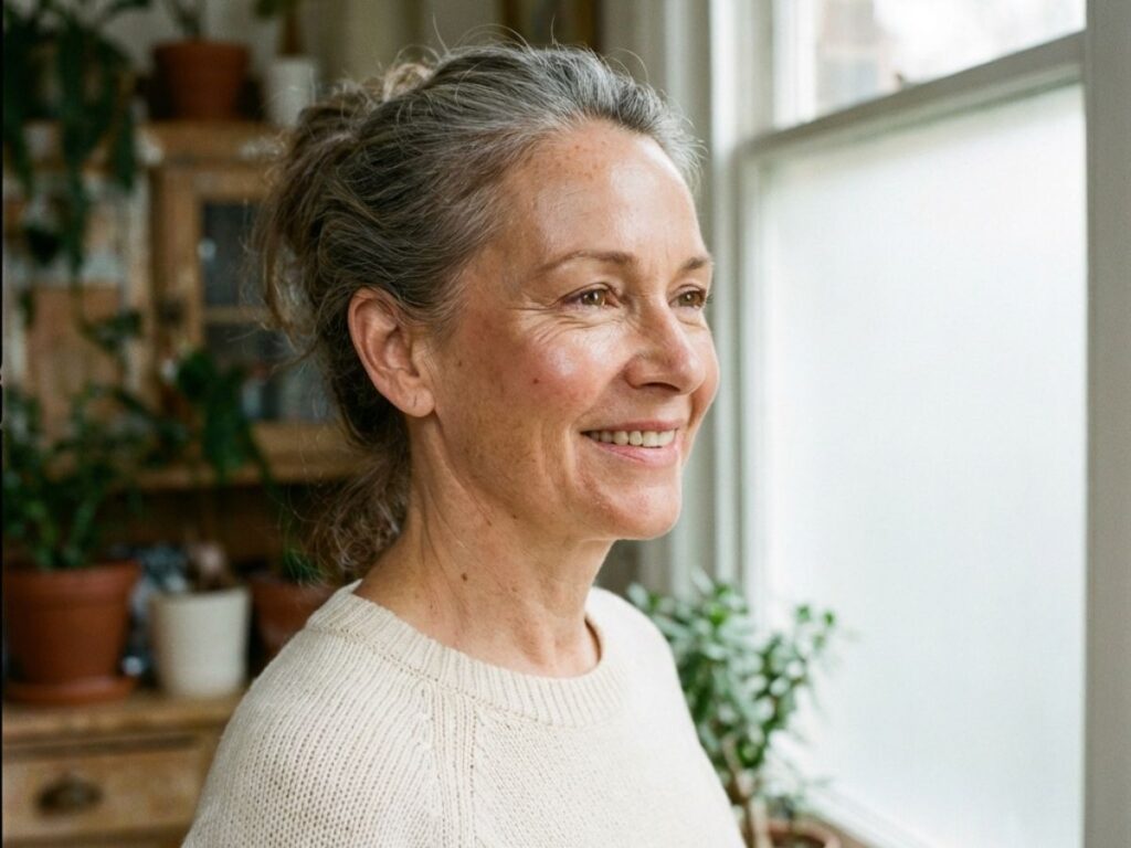 Smiling mature woman with natural makeup by window in cozy home