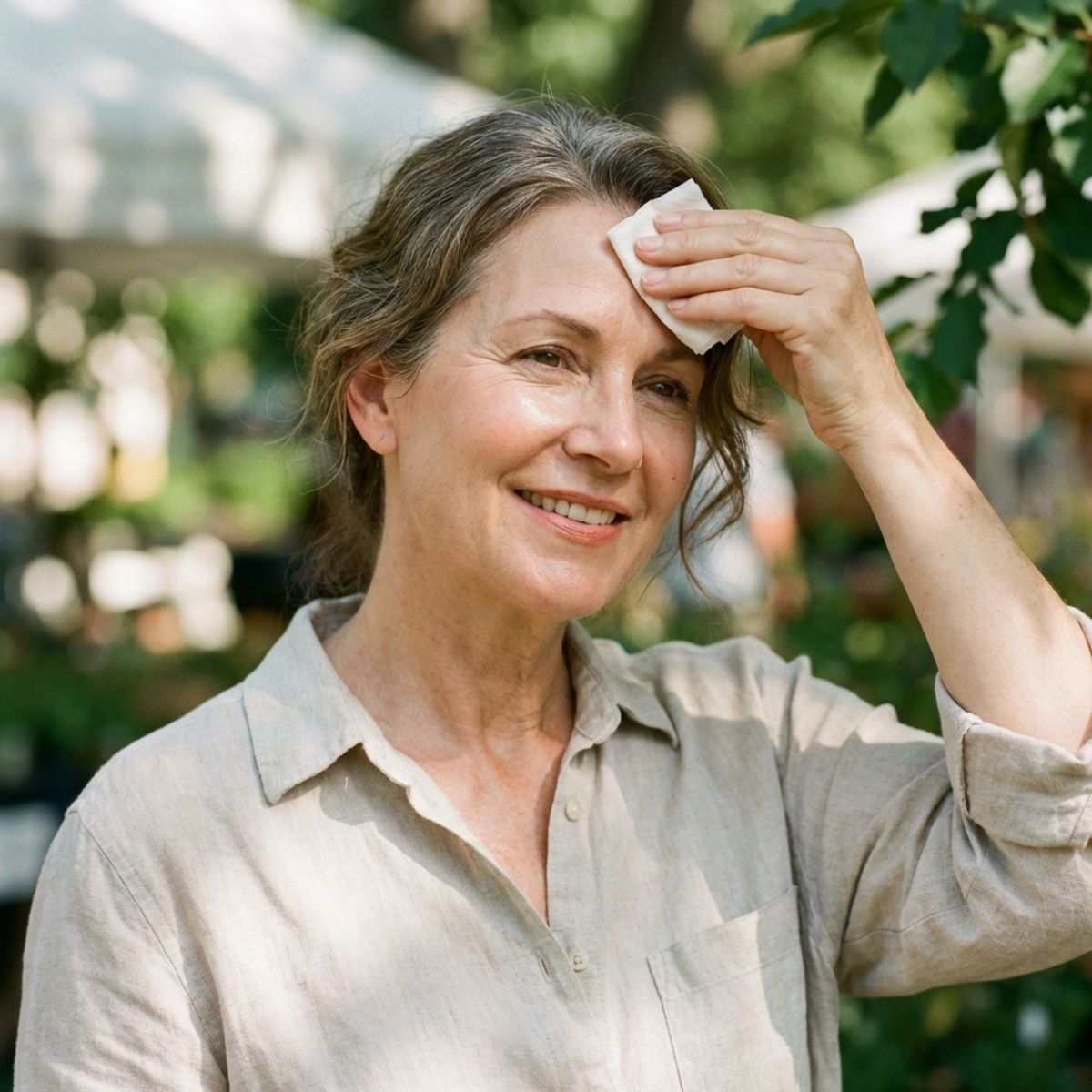 Woman with natural skincare look smiling while holding cotton pad to forehead