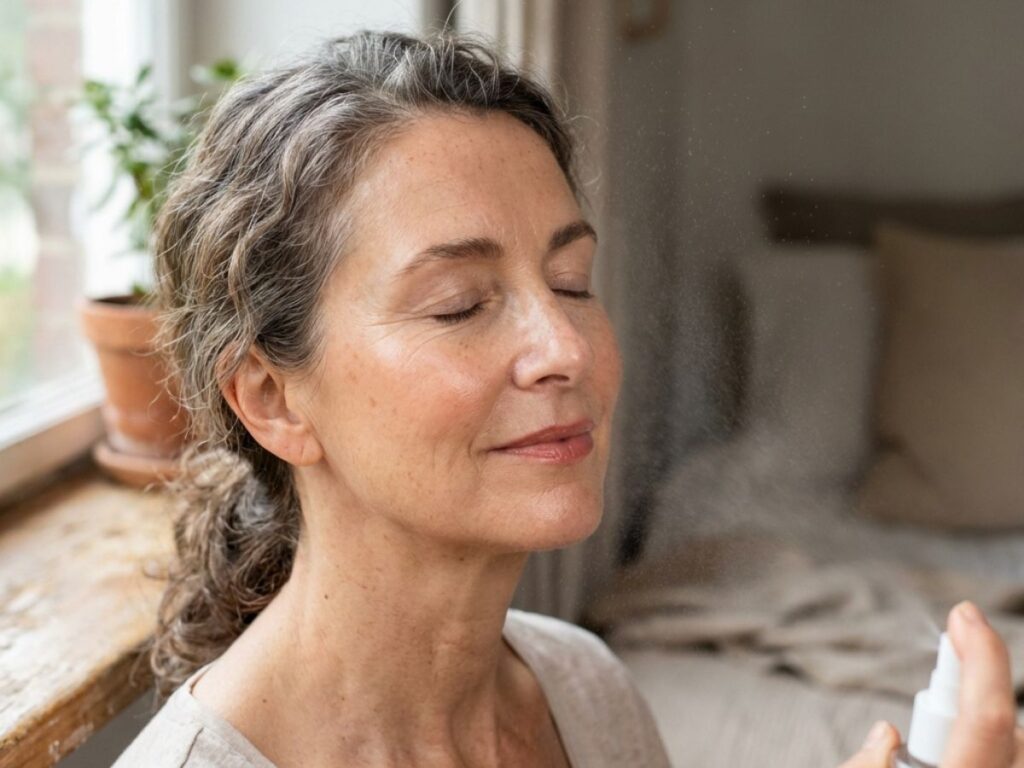 Mature woman applying facial mist with eyes closed near window light