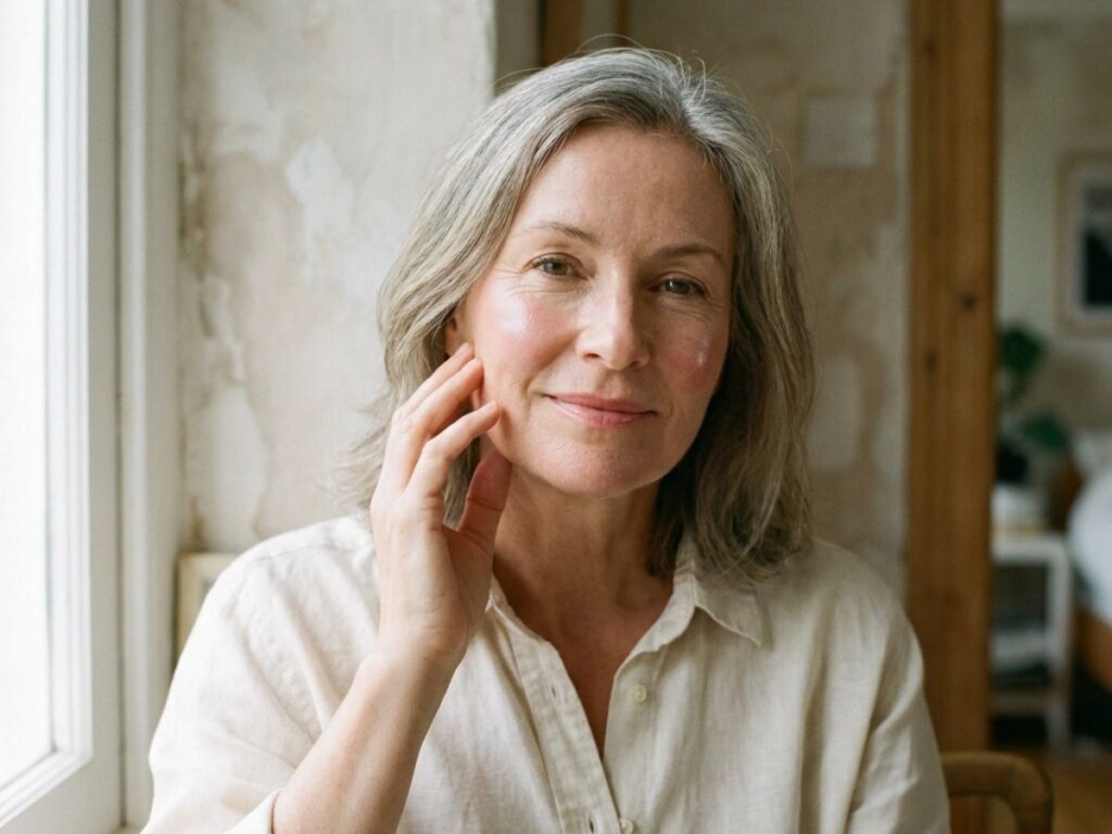 Close-up of mature woman with radiant skin gently holding her cheek
