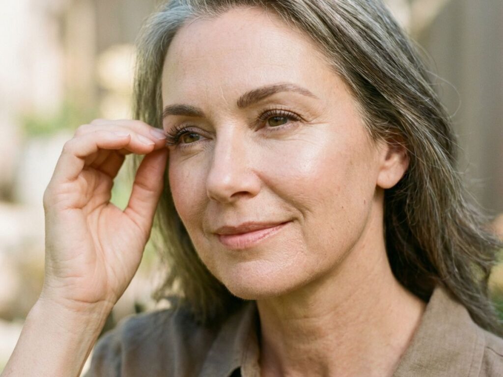 Woman with minimal makeup softly touching her face indoors near window light