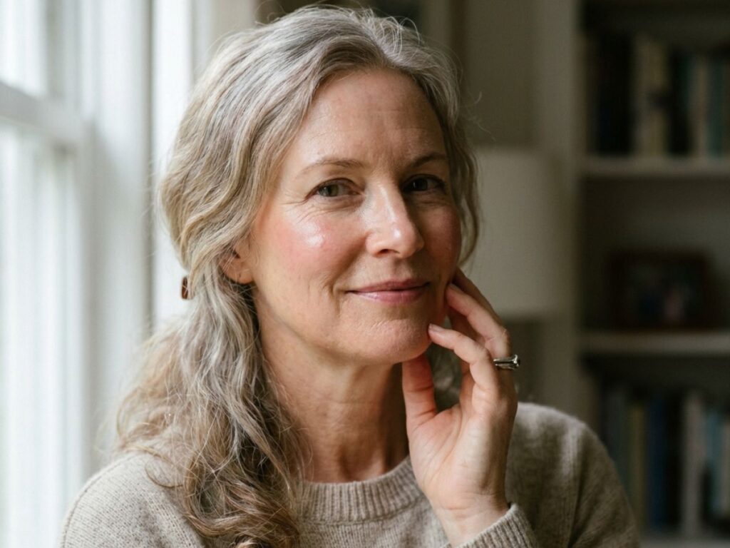Mature woman with glowing skin and natural lip balm finish in soft indoor light.