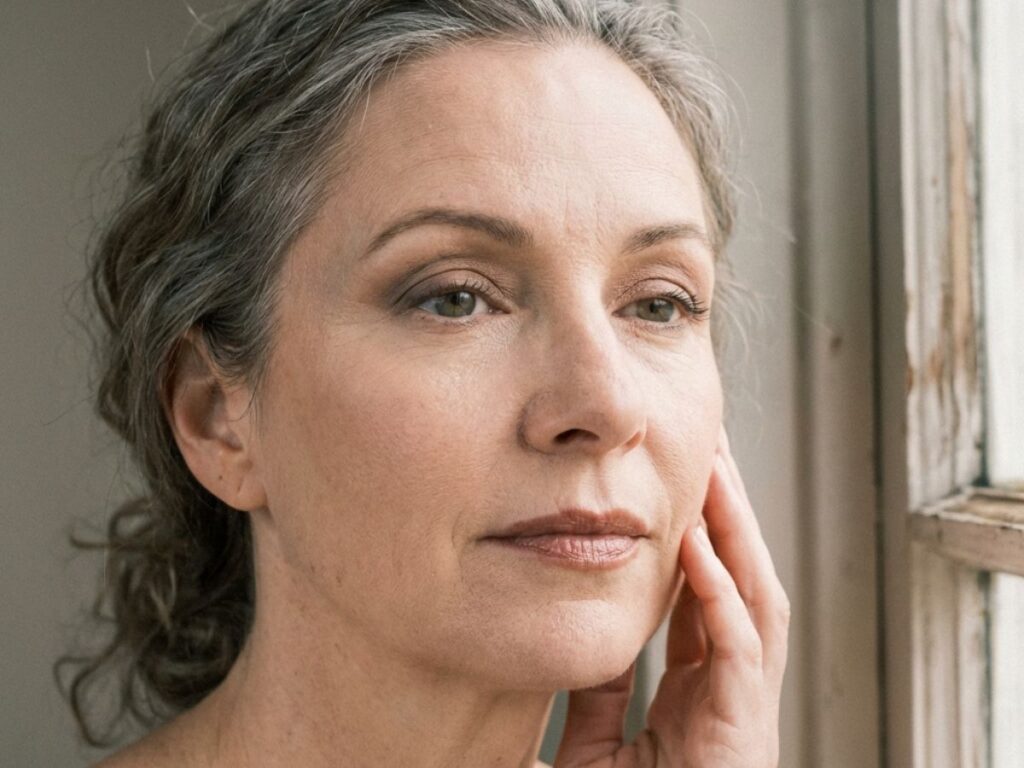 Woman over 50 with neutral eye makeup and soft matte skin finish near window.