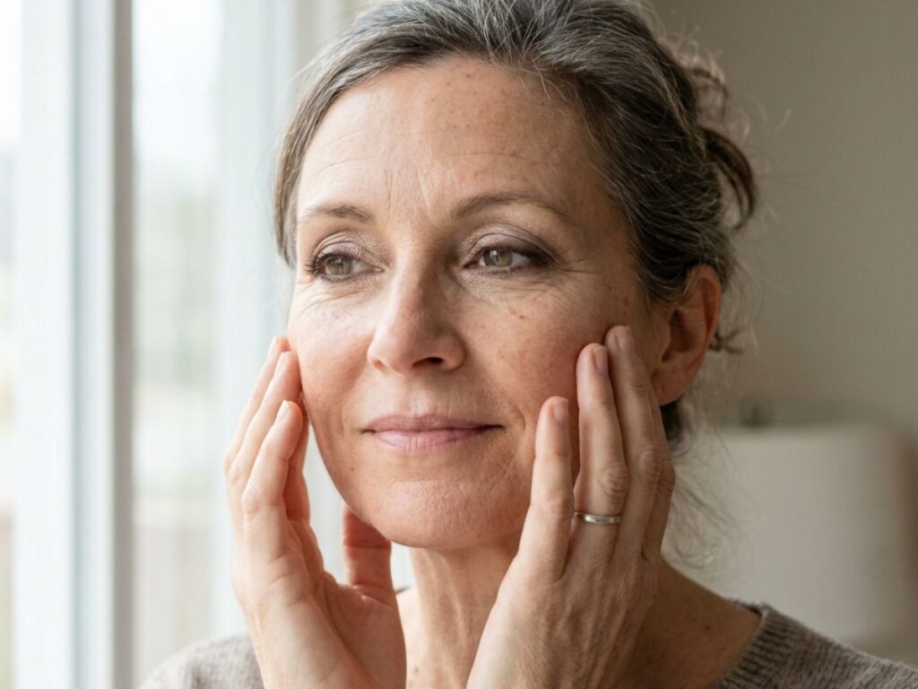 Close-up of mature woman with cream eyeshadow and defined liner in natural light.