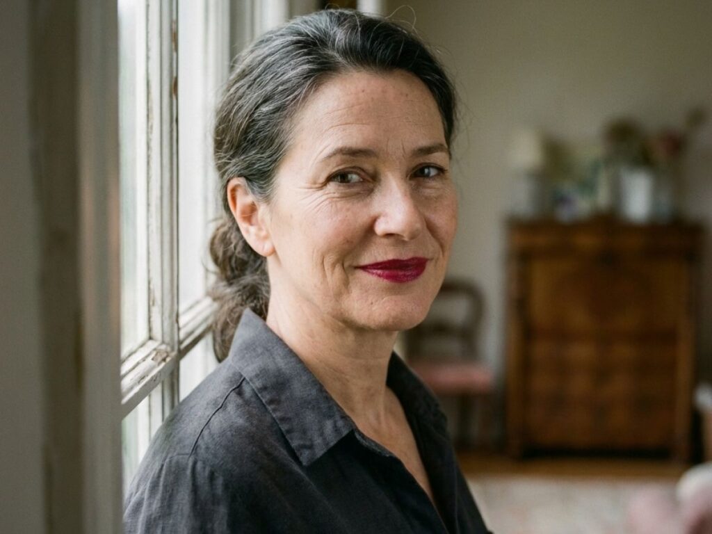 Mature woman with bold lipstick posing indoors with soft natural lighting