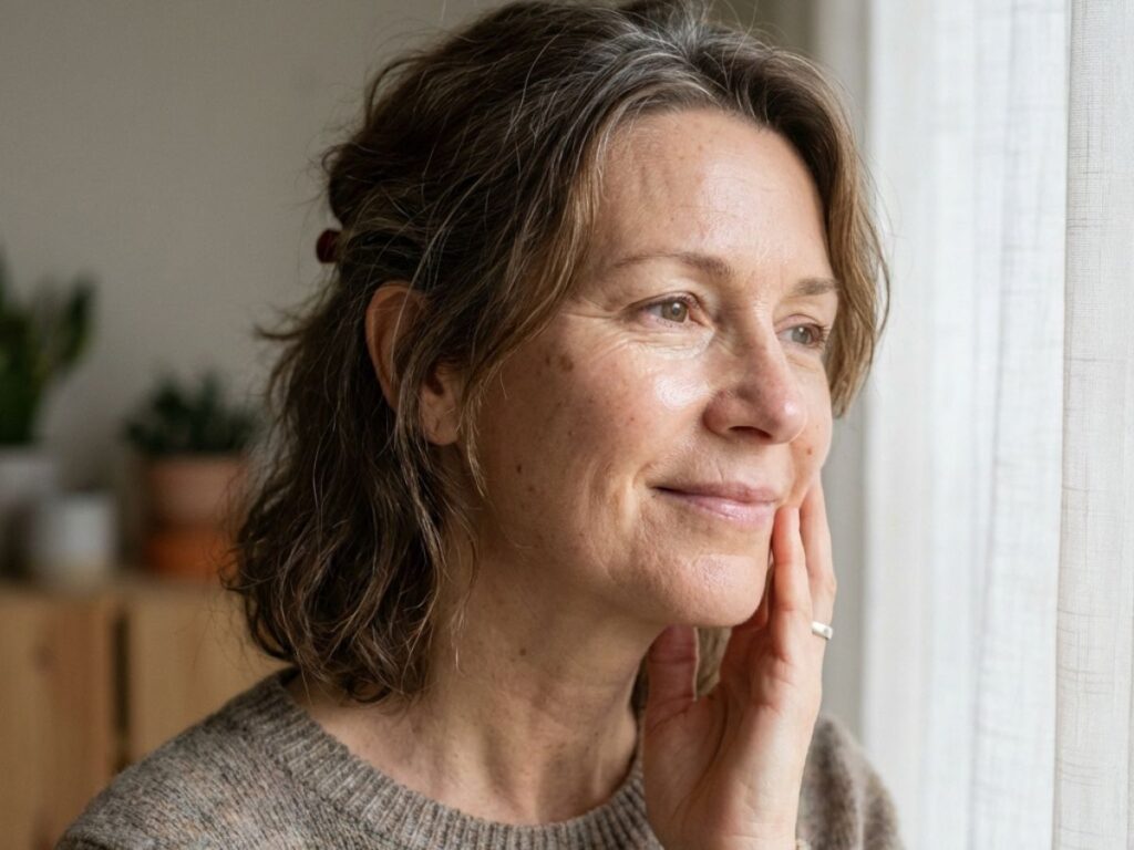 Woman with natural skincare look gently touching her cheek by window
