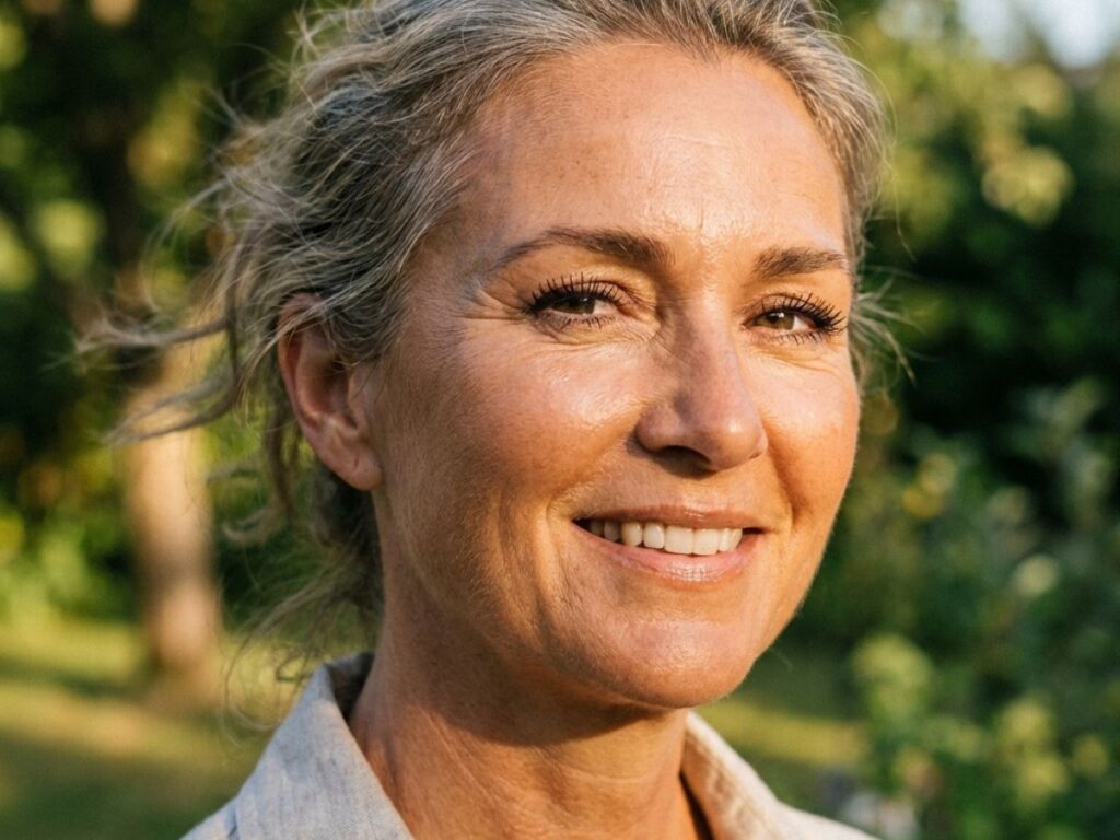 Smiling middle-aged woman outdoors with glowing natural skin in sunlight