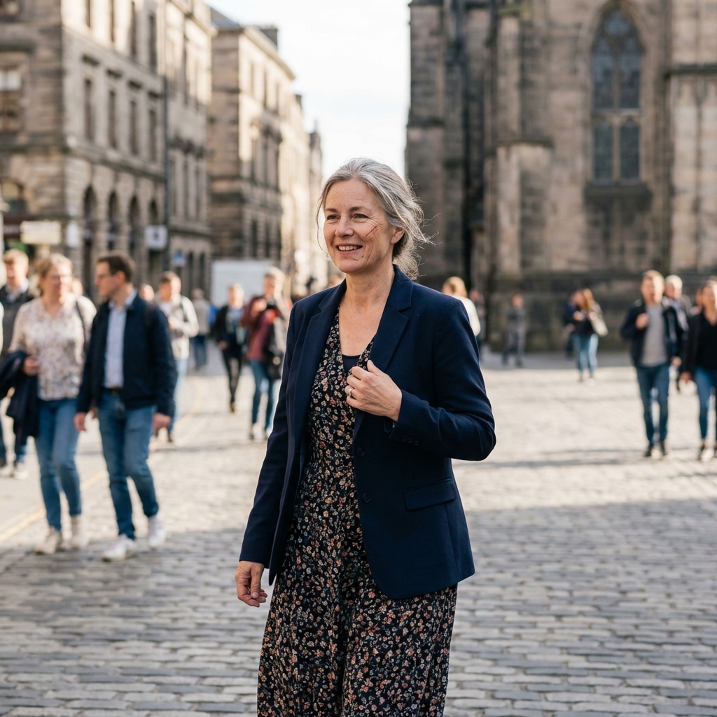 Older woman in a dark floral dress with a blazer walking through a busy city square.