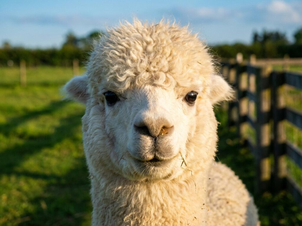Close-up of a fluffy cream white huacaya alpaca face with short straight ears, curly wool on top of its head and soft round features, showing typical alpaca facial characteristics.