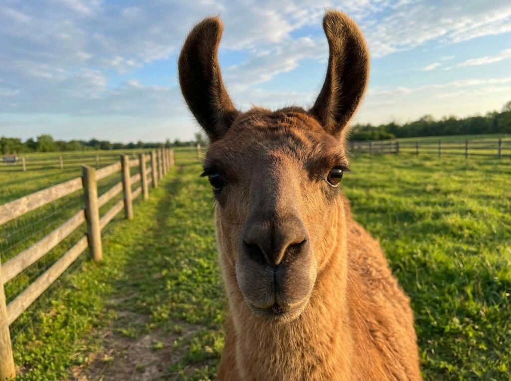 Close-up portrait of a brown llama face looking directly at the camera, clearly showing the long curved banana-shaped ears and elongated snout that distinguish llamas from alpacas.