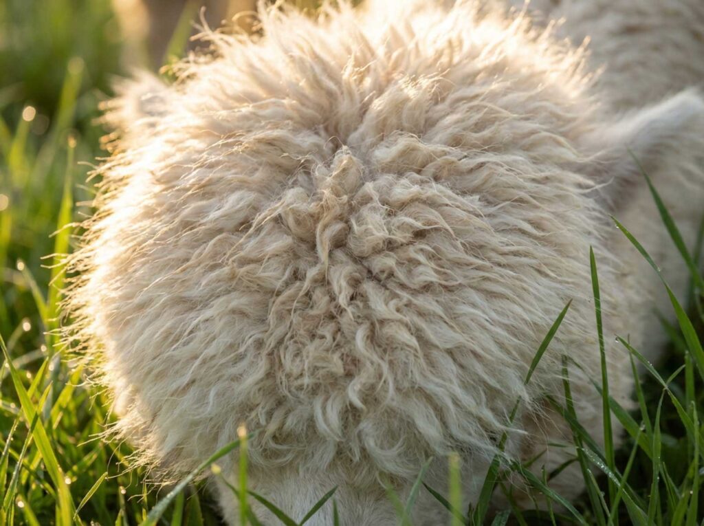 Close-up of dense crimped huacaya alpaca fleece backlit by golden sunlight, showing the soft curly texture of alpaca fibre.