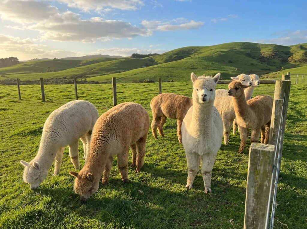 A herd of six huacaya alpacas in cream and brown colors grazing and standing together in a lush green pasture, one alpaca looking directly at the camera, wooden fence posts and rolling green hills in the background.