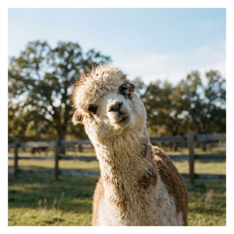 Fluffy alpaca portrait with soft wool in natural outdoor farm environment