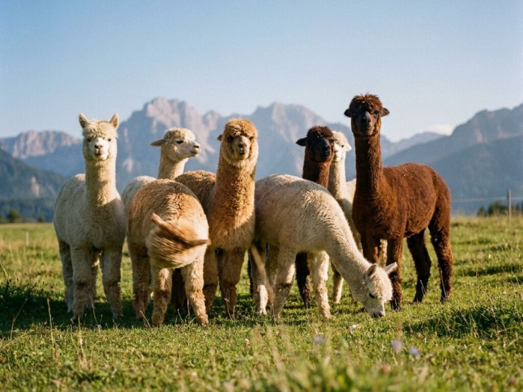 Group of alpacas standing in mountain meadow under clear sky