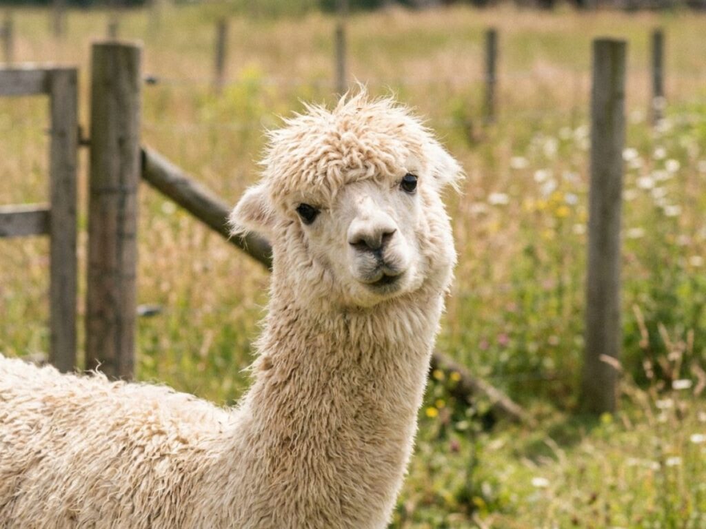 Curious alpaca tilting head looking at camera in open field