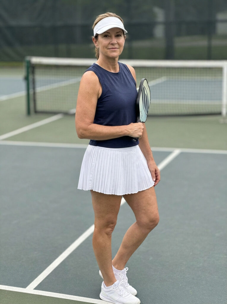 Woman in her 50s wearing a white pleated tennis skirt and navy sleeveless top on a pickleball court holding a paddle.