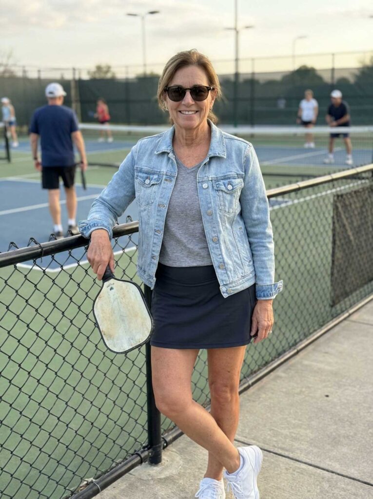 Woman in her 50s wearing a skort, gray t-shirt, and denim jacket leaning by a pickleball court fence with sunglasses.