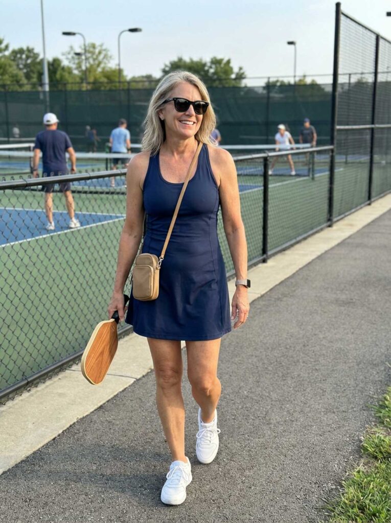 Woman in her 50s wearing a navy athletic dress and crossbody bag walking near a pickleball court holding a paddle.