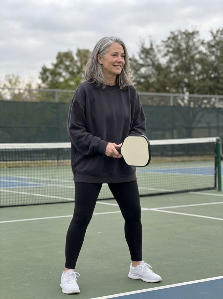 Woman in her 50s wearing black leggings and an oversized black sweatshirt holding a pickleball paddle on court.