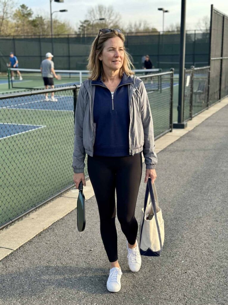 Woman in her 50s walking near a pickleball court wearing black leggings, a pullover, and a light jacket carrying a tote bag.