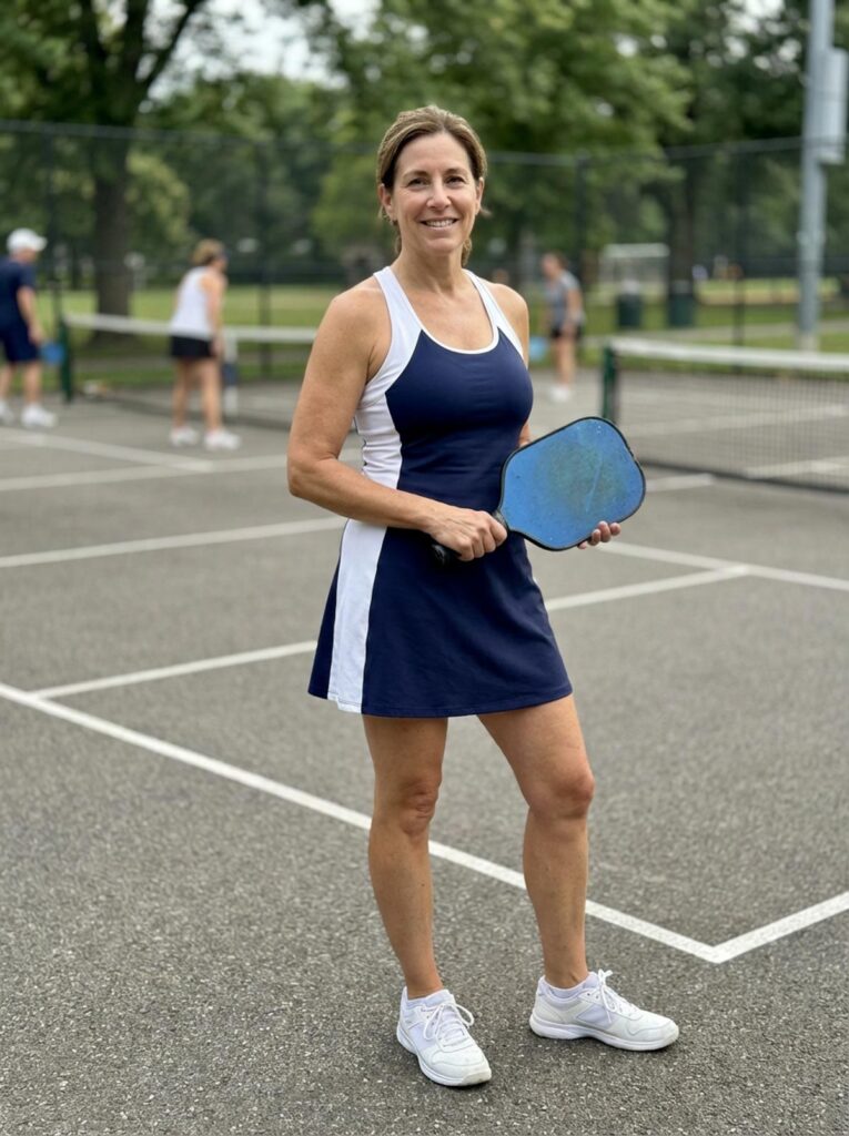 Woman in her 50s wearing a navy and white color-block athletic dress standing on a pickleball court holding a paddle