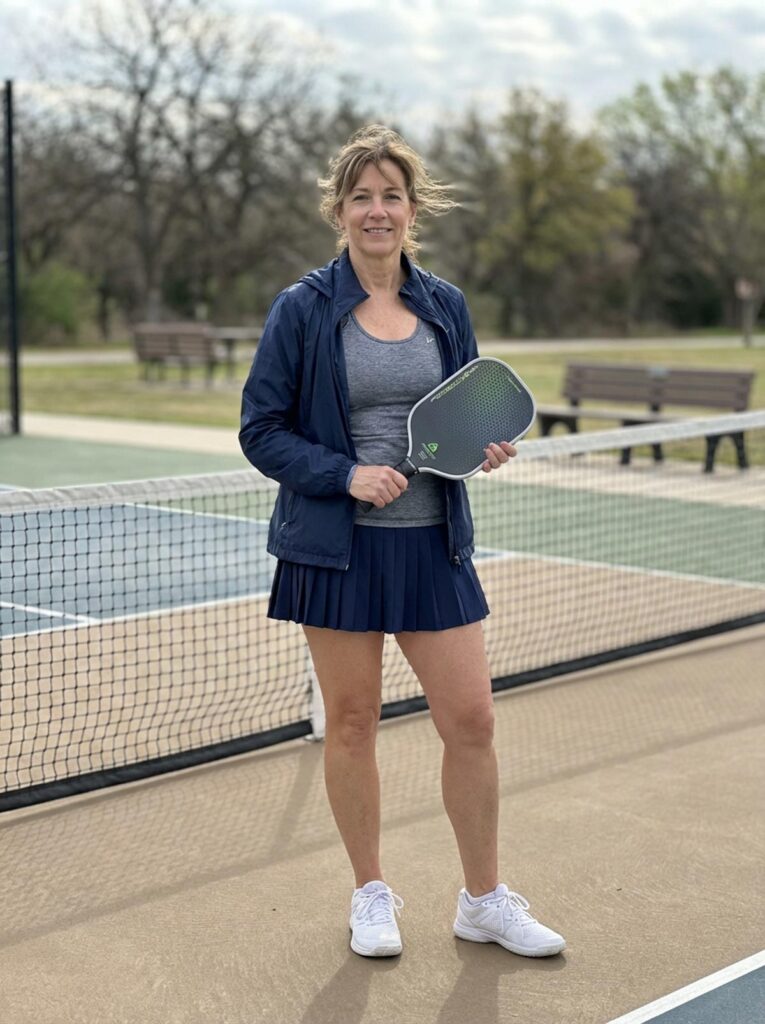 Woman in her 50s wearing a tennis skirt, gray top, and navy windbreaker standing on a pickleball court on a cool morning.