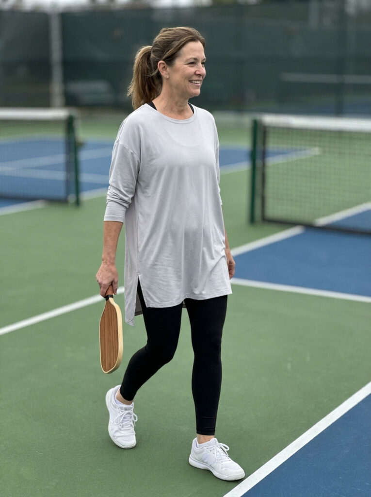 Woman in her 50s wearing black leggings and a loose gray tunic top walking on a pickleball court holding a paddle