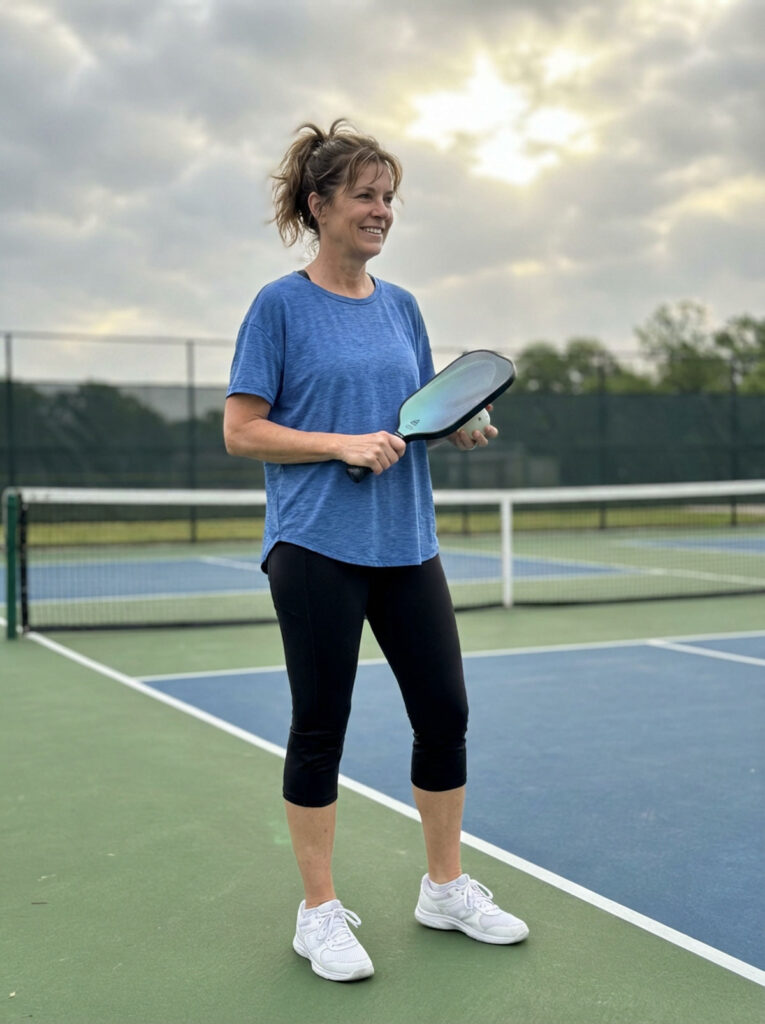 Woman in her 50s wearing black capri leggings and a blue performance t-shirt holding a pickleball paddle on court.