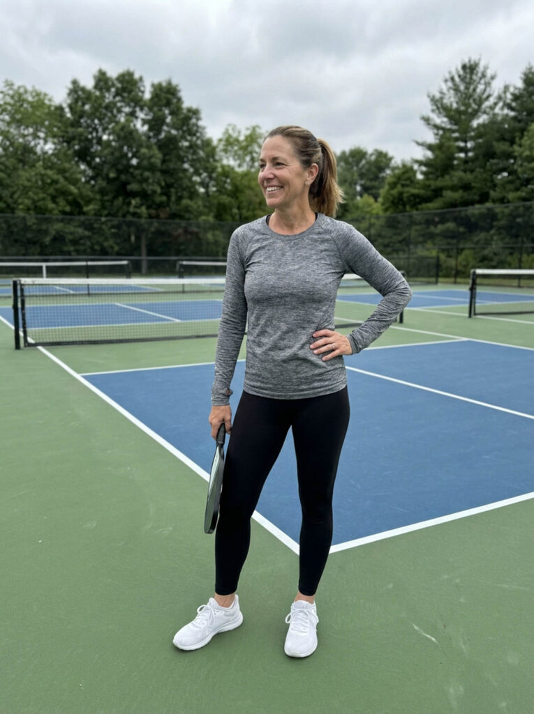 Woman in her 50s wearing black leggings and a fitted gray long sleeve athletic top standing on a pickleball court.