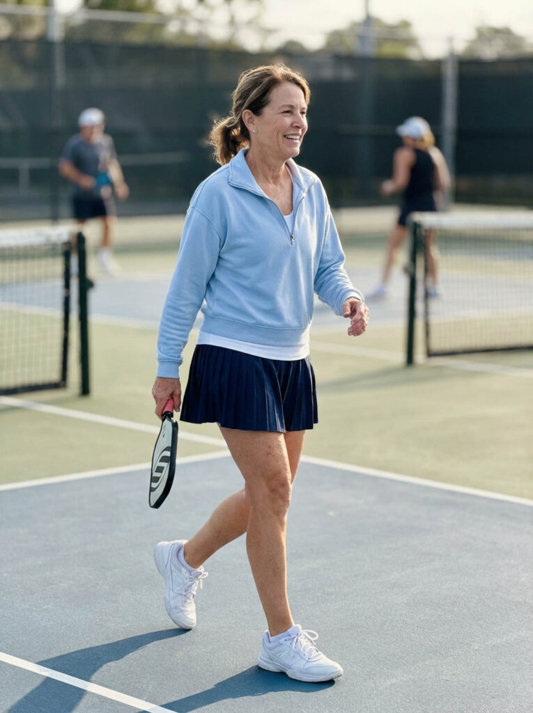 Woman in her 50s wearing a navy skirt and light blue quarter-zip pullover walking on a pickleball court.