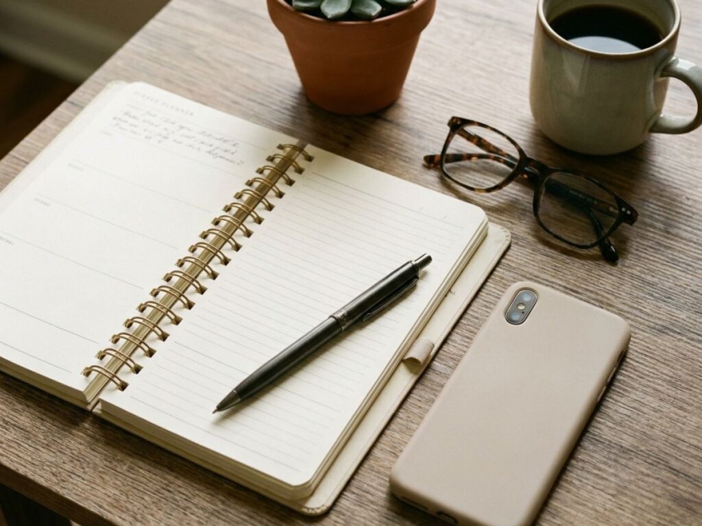 Minimal Desk Setup with Planner, Coffee, and Phone