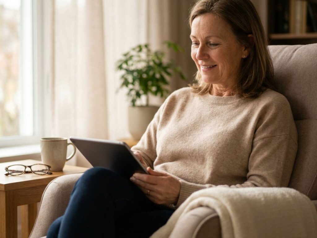 Woman Reading on Tablet in Cozy Living Room