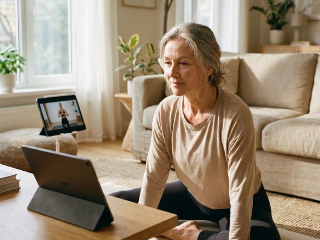 Woman Doing Home Workout with Tablet Guide