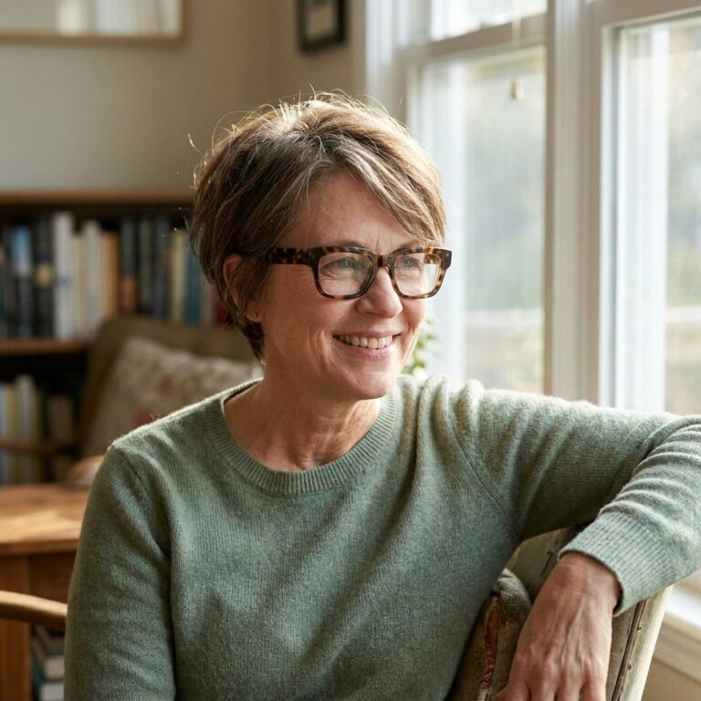 Woman in her early 50s with a silver-streaked bob wearing bold tortoiseshell glasses, sitting in a cozy home reading nook with a book in hand.