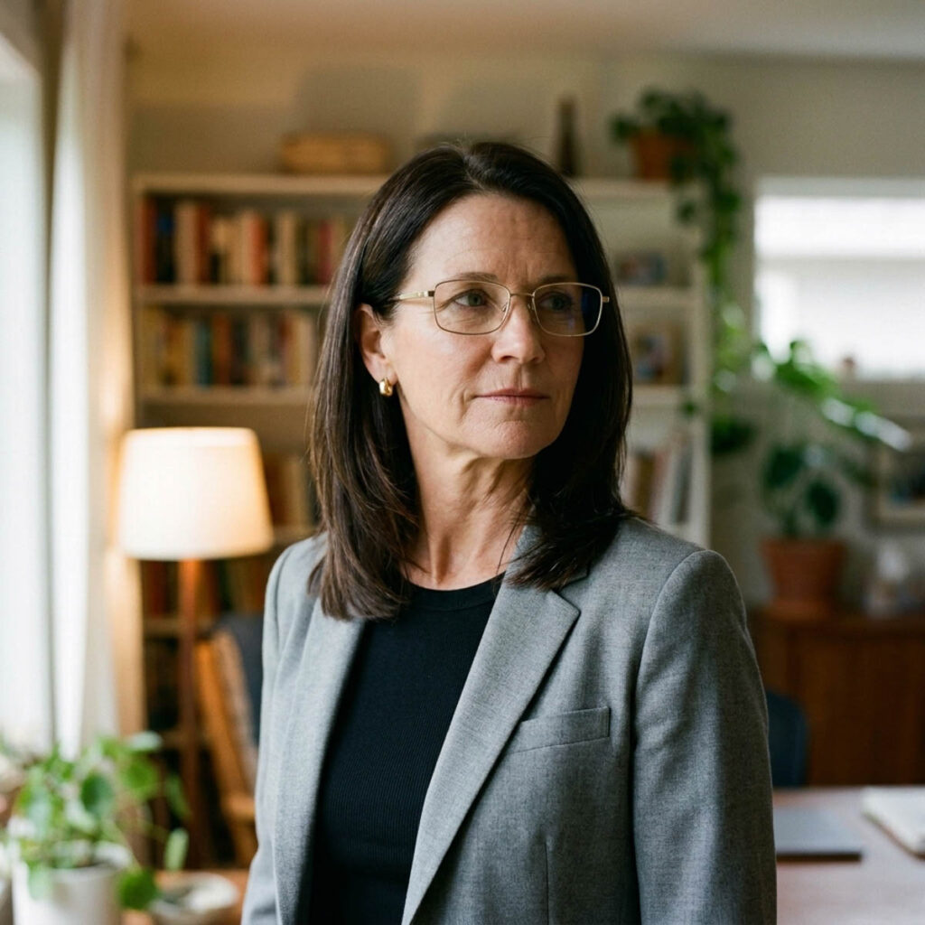 Woman over 50 with a sleek dark brunette mid-length layered cut and slim gold metal glasses in a warm home office setting.