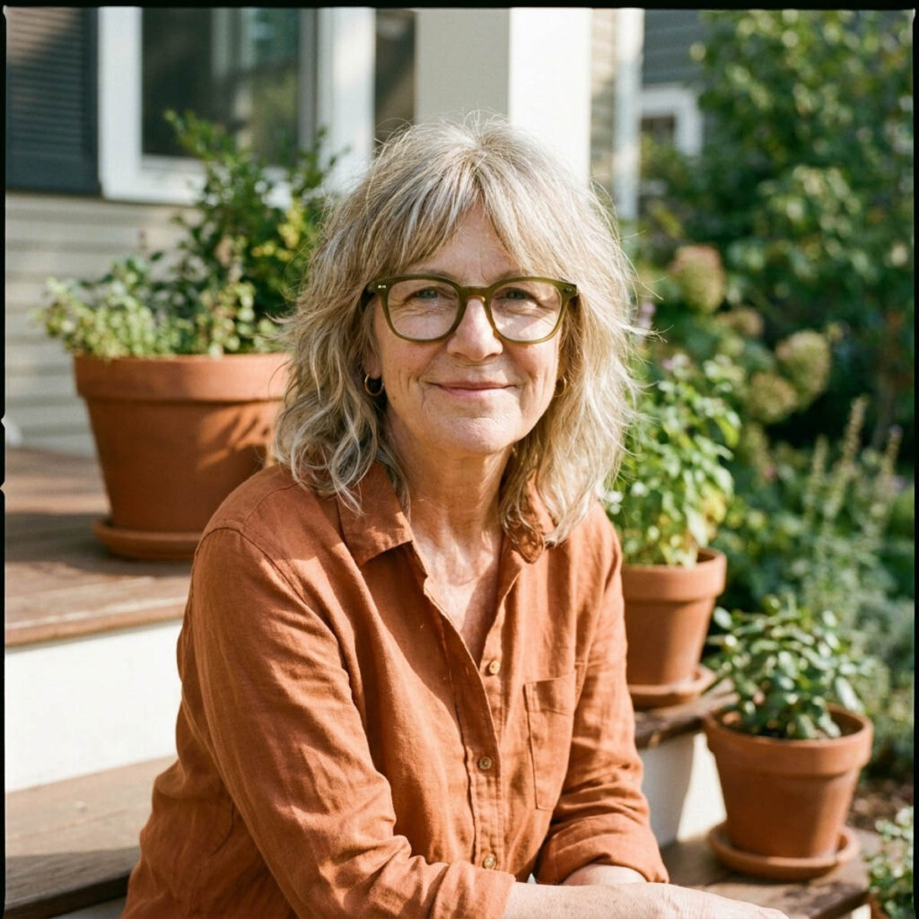 Woman in her 50s with a wavy salt-and-pepper shag cut and olive green oversized glasses sitting on a sunny front porch.