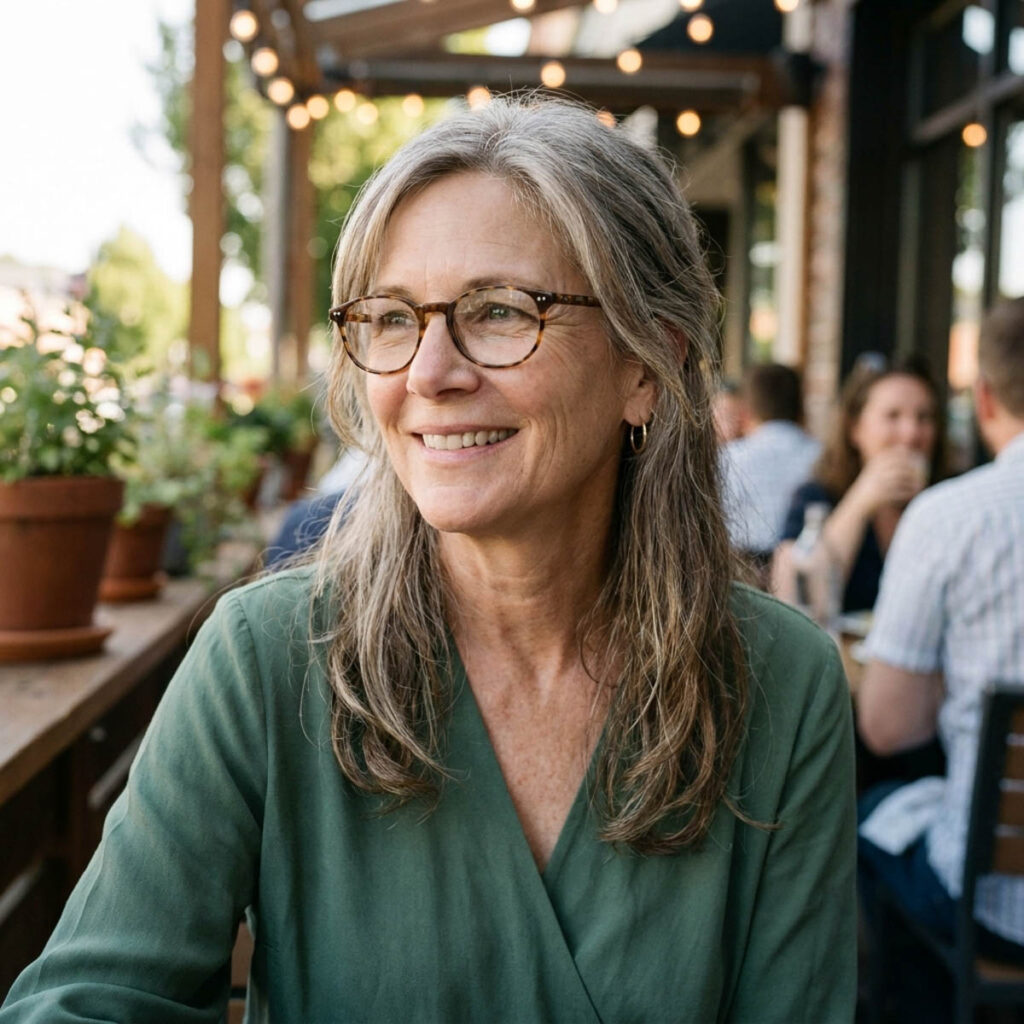 Woman over 50 with long silver-brunette layers and tortoiseshell oval glasses smiling at an outdoor restaurant patio in the evening.