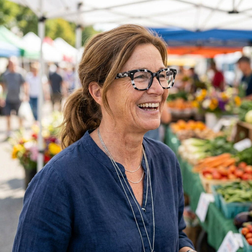 Woman in her 50s with a brunette low ponytail and bold black and white marbled glasses laughing at a weekend farmers market.