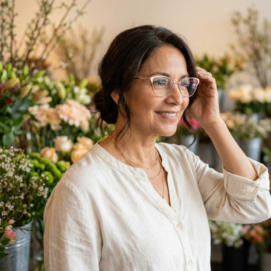 Latina woman in her early 50s with dark hair in a loose low bun and rose gold cat-eye glasses in a bright flower shop.