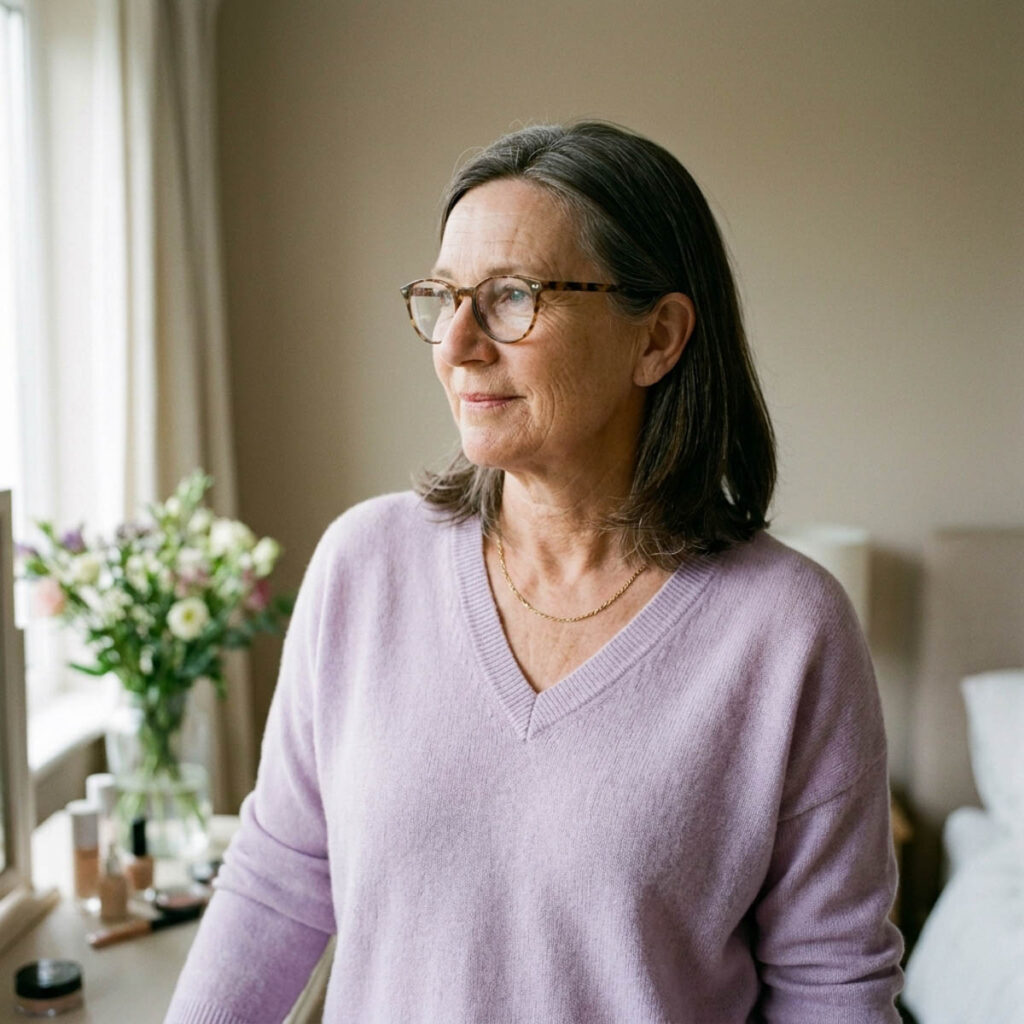 South Asian woman in her early 50s with silver-streaked dark hair and tortoiseshell half-rim glasses in a soft morning bedroom setting.