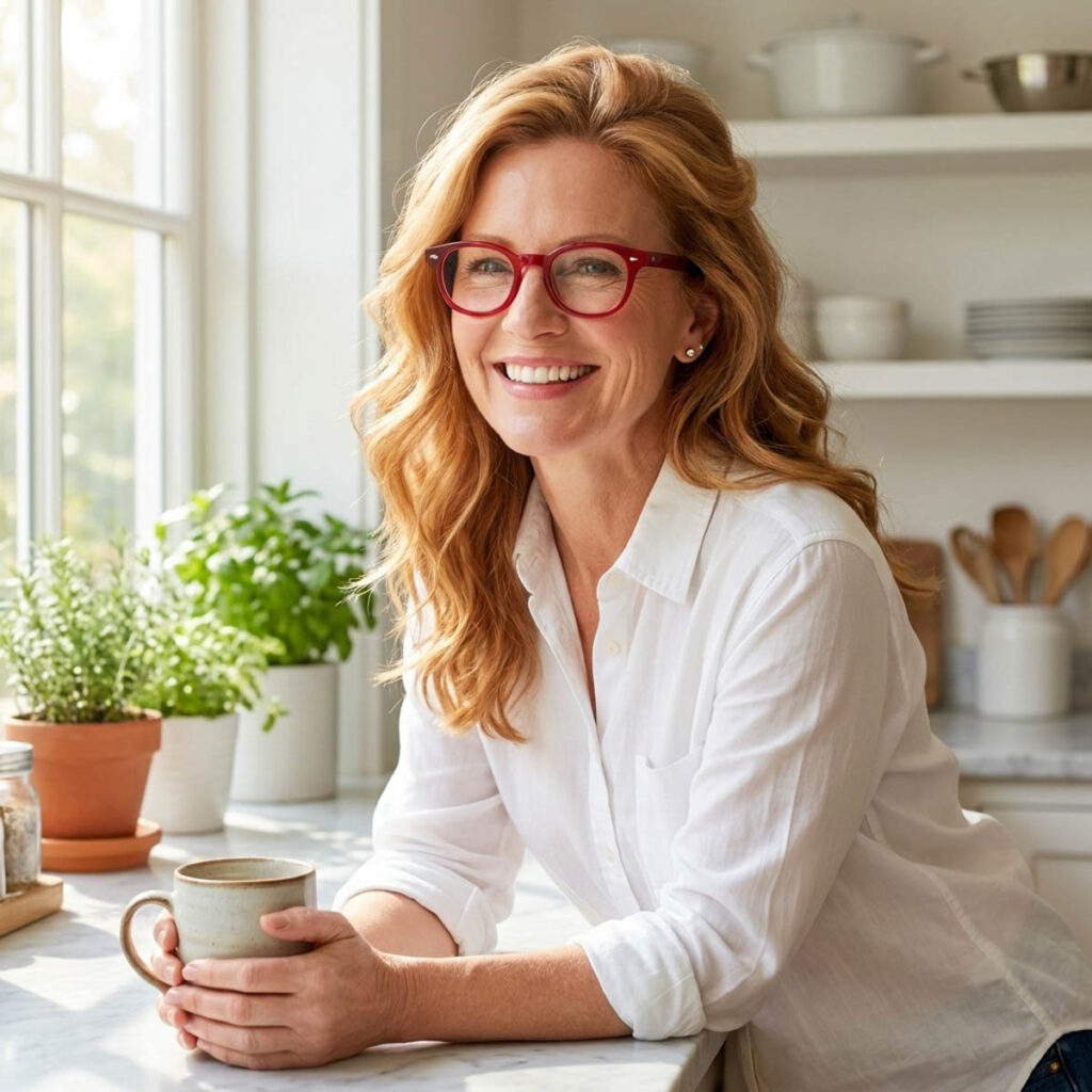 Woman in her early 50s with strawberry blonde waves and bold cherry red glasses leaning on a kitchen counter with a coffee mug.