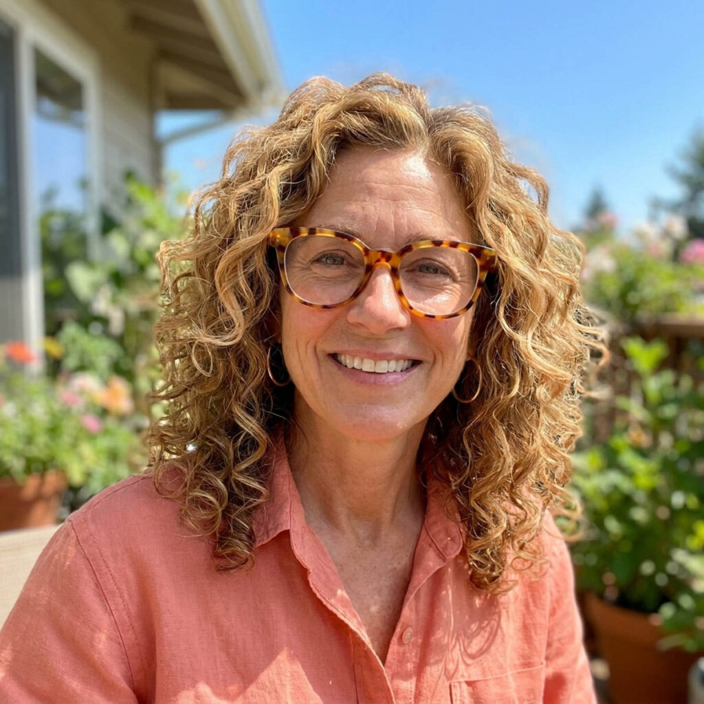 Woman just turned 50 with honey blonde defined curls and oversized tortoiseshell glasses smiling on a sunny outdoor patio.